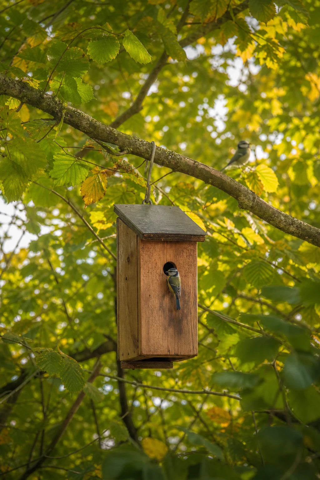 Birdhouse discreetly installed among foliage