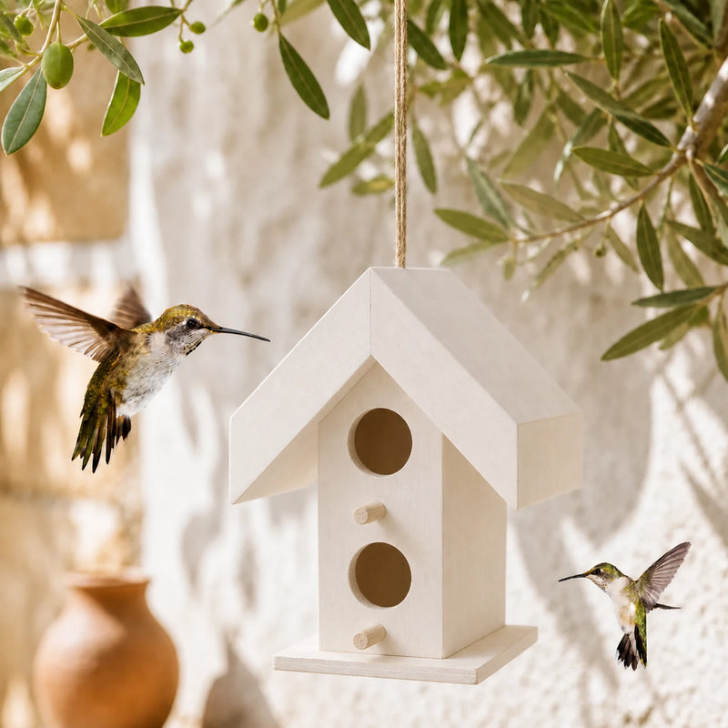Birdhouse hanging in wood white