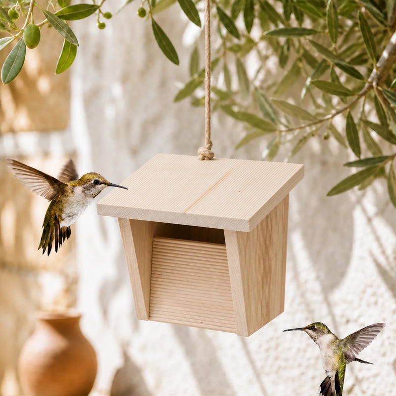 Birdhouse semi-open in wood light with roof overhanging