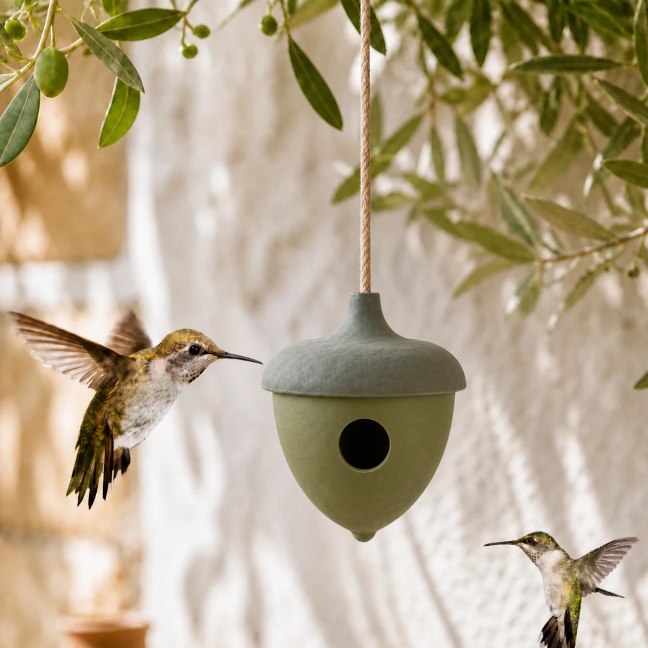 Birdhouse hanging in shape of acorn green