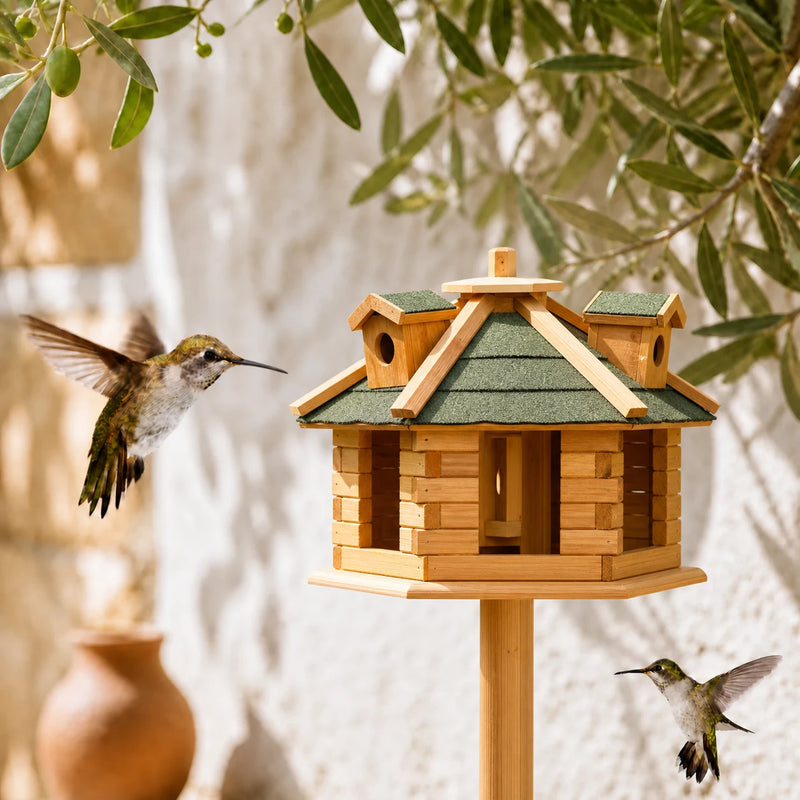 Birdhouse hexagonal with roof in shingles of bitumen