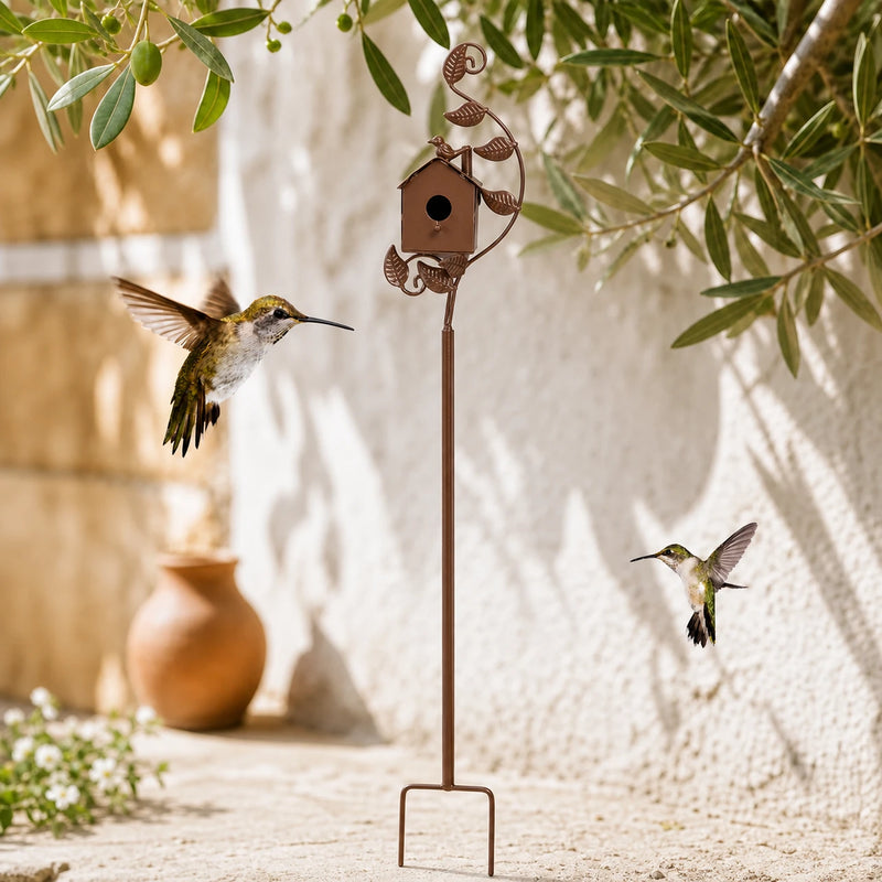 Birdhouse on stand in metal with stem decorative