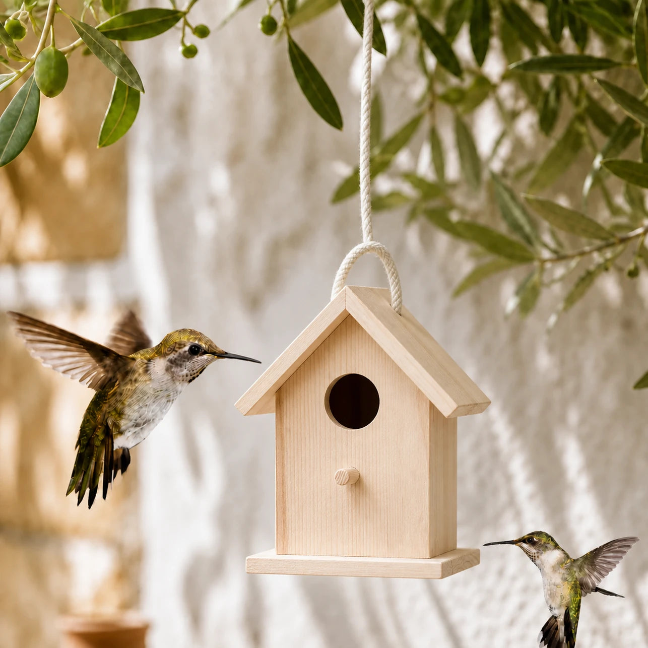 Birdhouse in wood beige size 13 × 10 × 8,3 cm