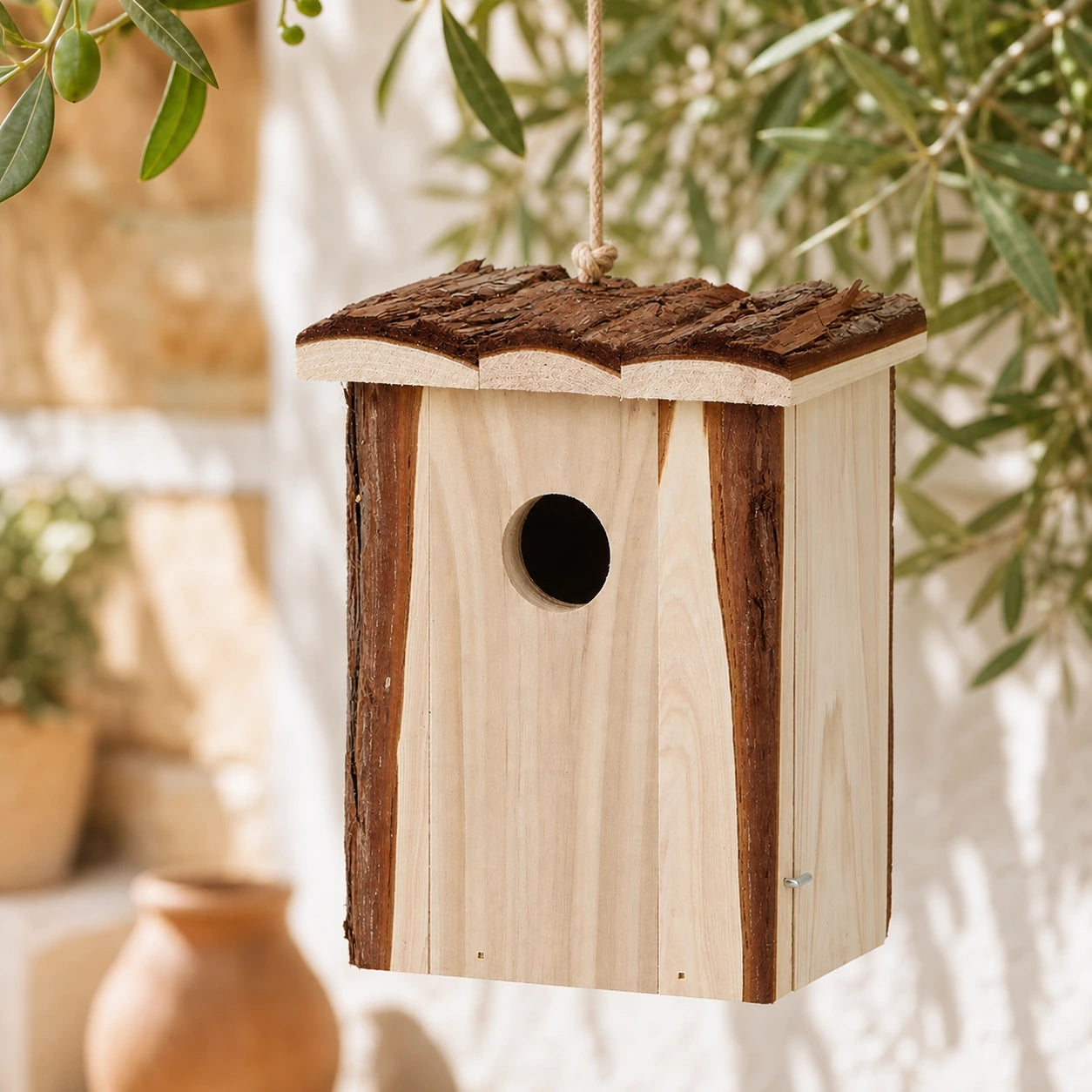 Birdhouse hanging with roof in bark