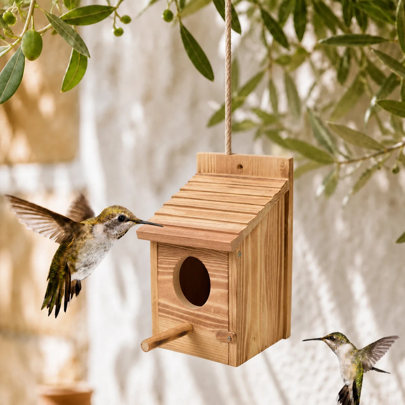Birdhouse hanging in wood with roof with slats