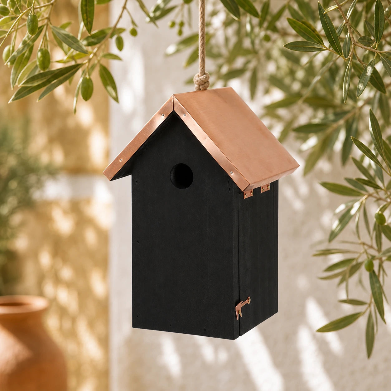 Birdhouse black with roof copper height 26 cm