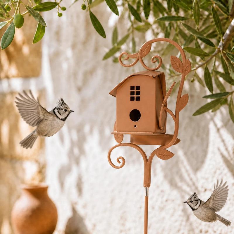 Birdhouse cottage in metal on with stake