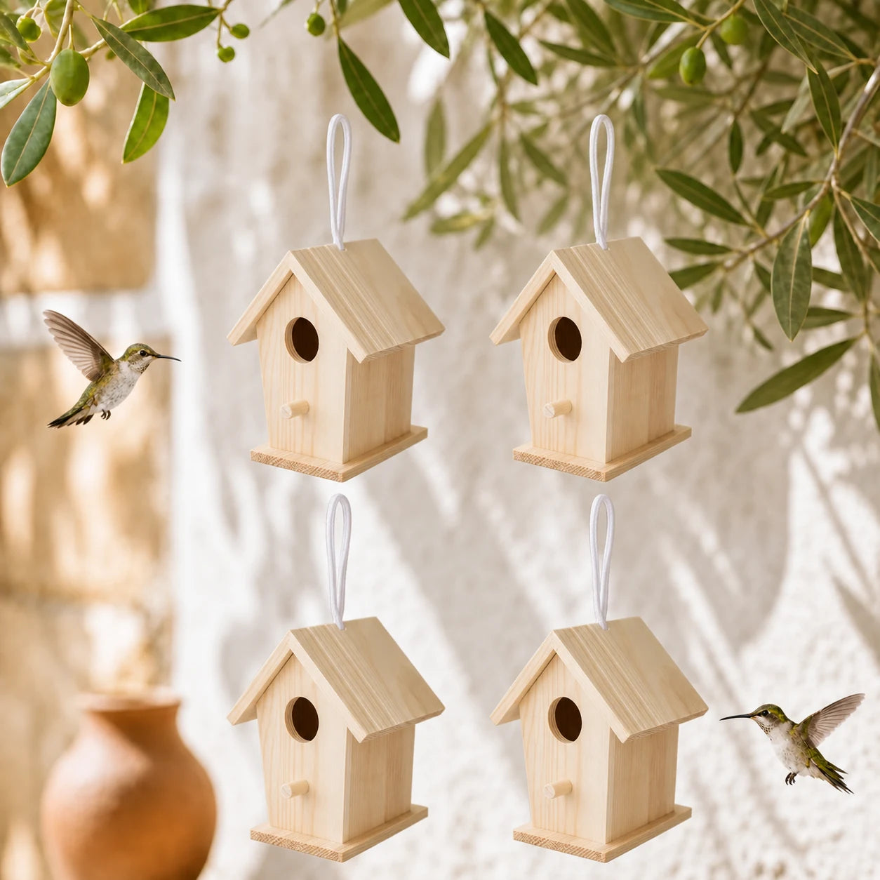 Set of 4 birdhouses hanging in wood light