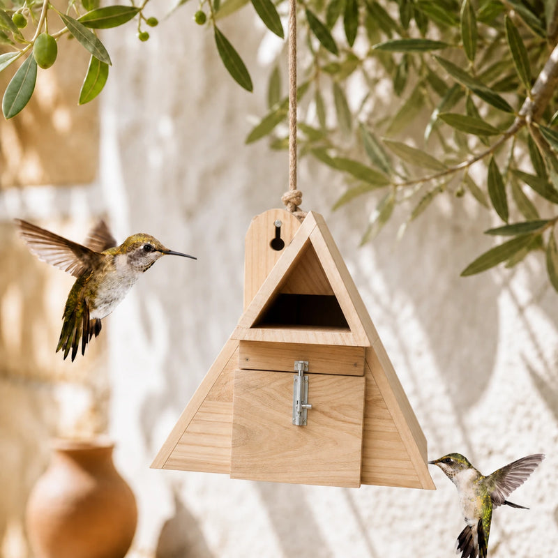 Birdhouse triangular in wood with entrance open