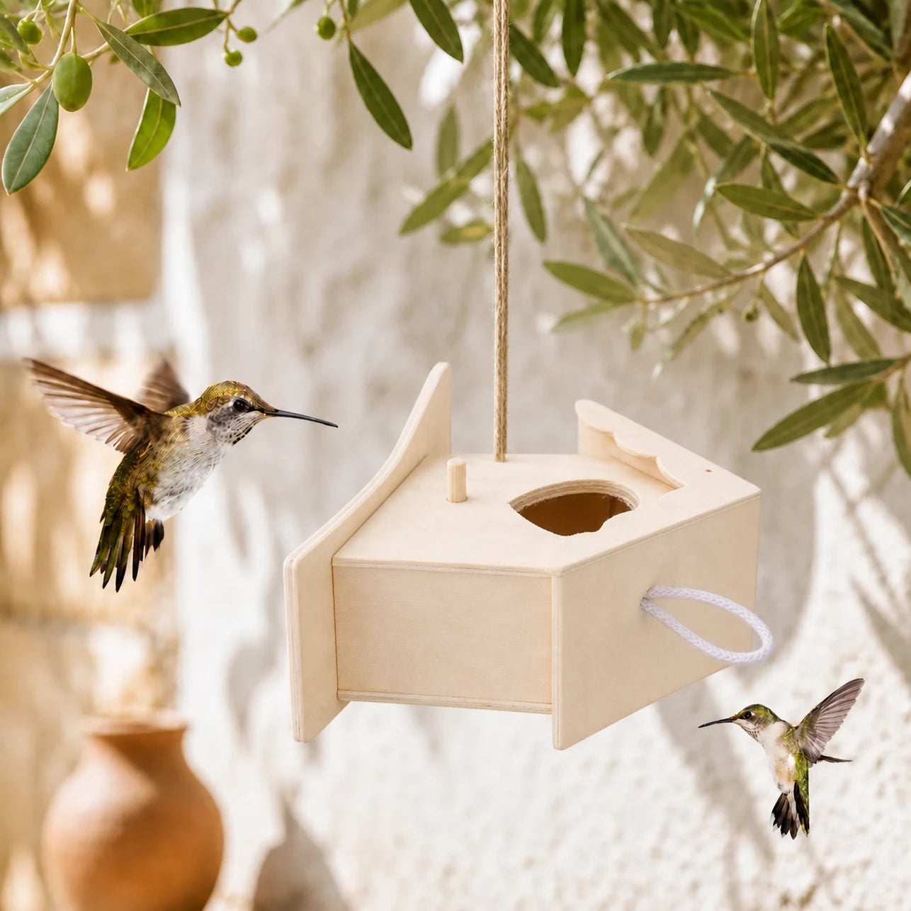 Birdhouse semi-open in wood with holder side