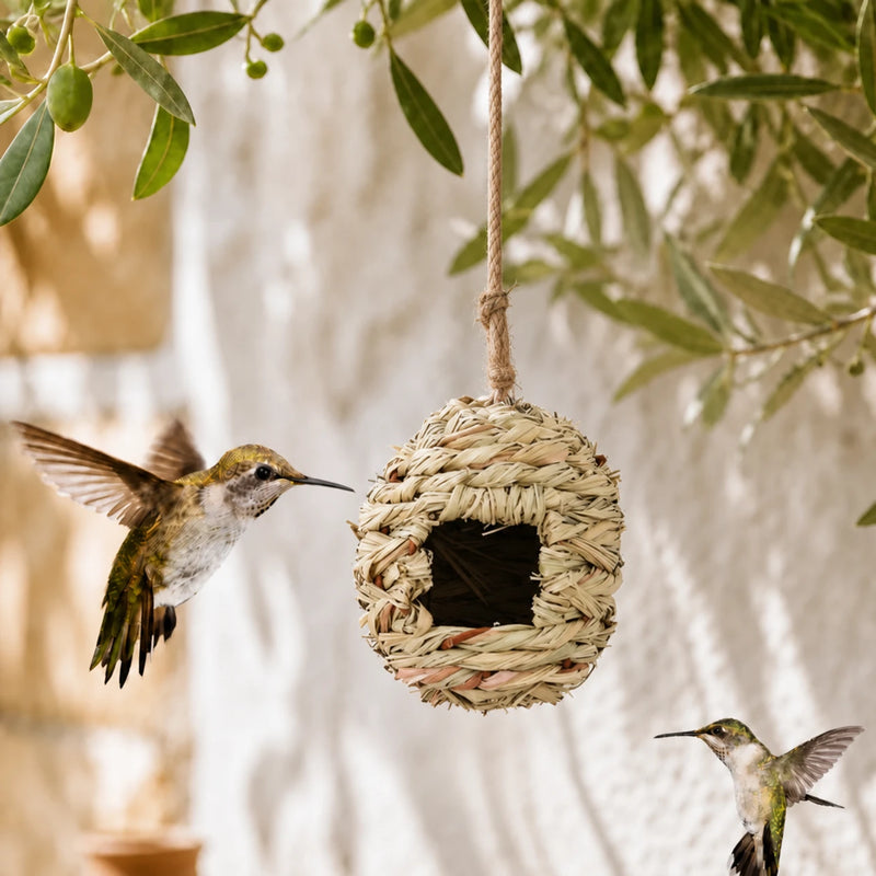 Birdhouse hanging round in fibres woven