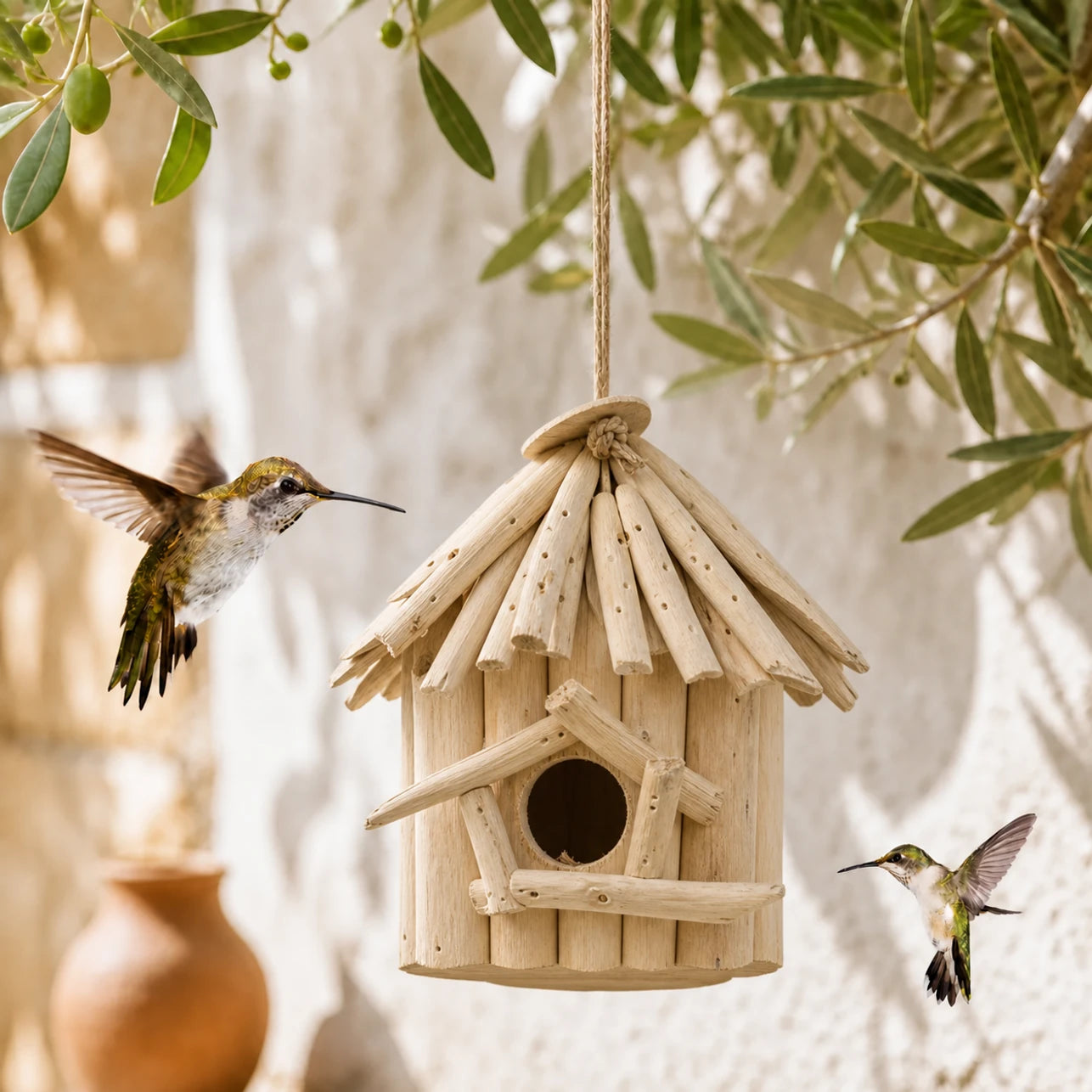 Birdhouse hanging in wood beige size 19 × 19 × 20 cm