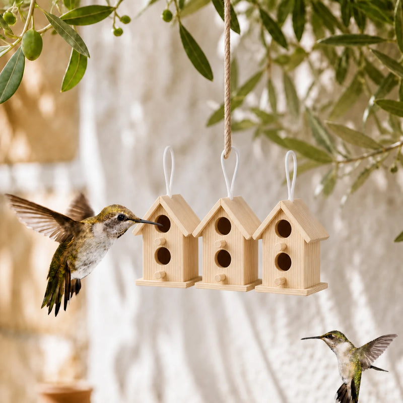 Set of 3 birdhouses in wood beige