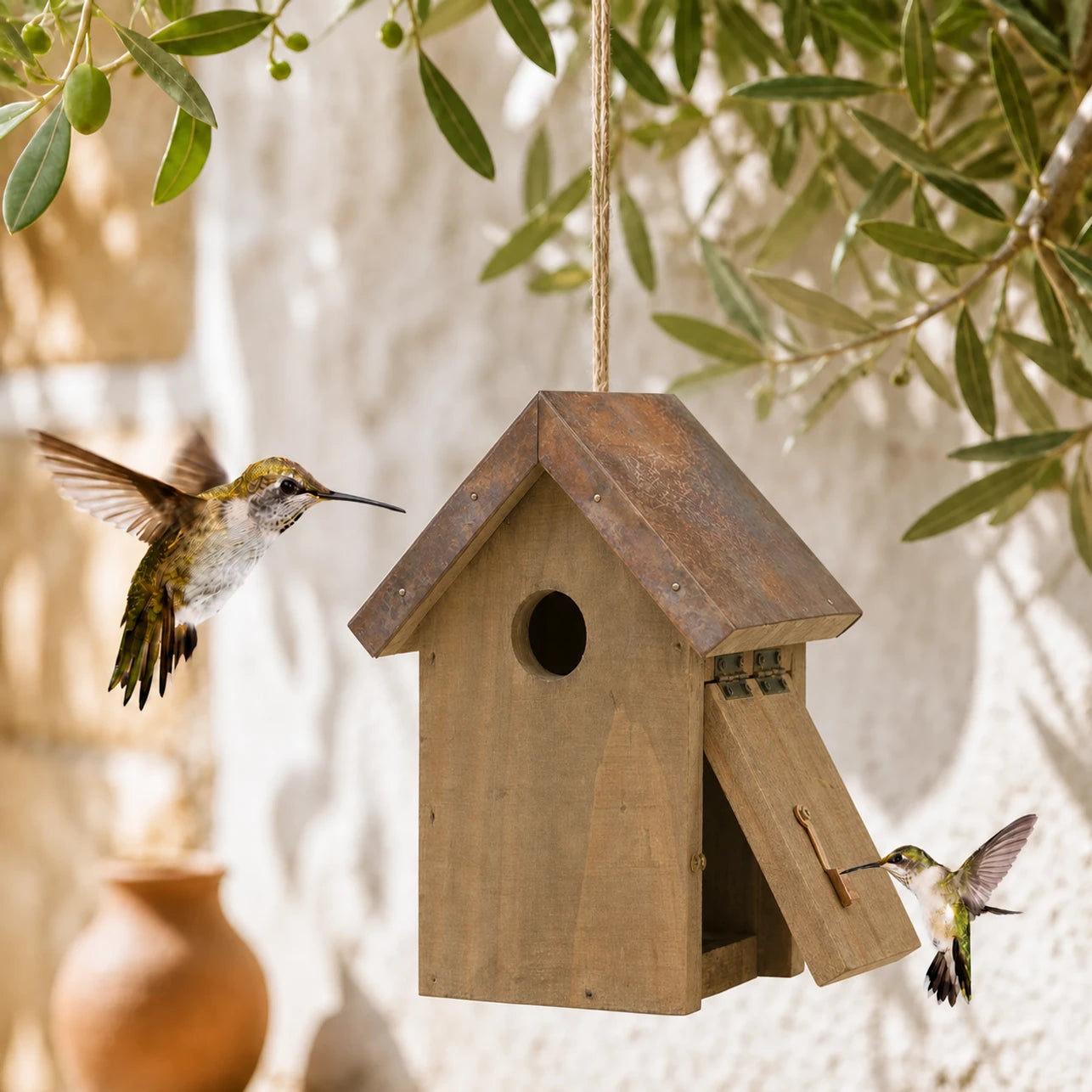 Birdhouse rustic in wood brown with roof sloping