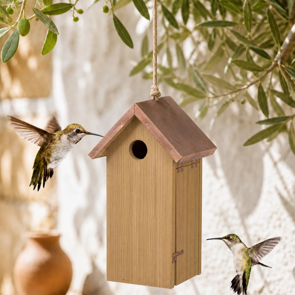 Birdhouse slender with roof copper entrance 32 mm