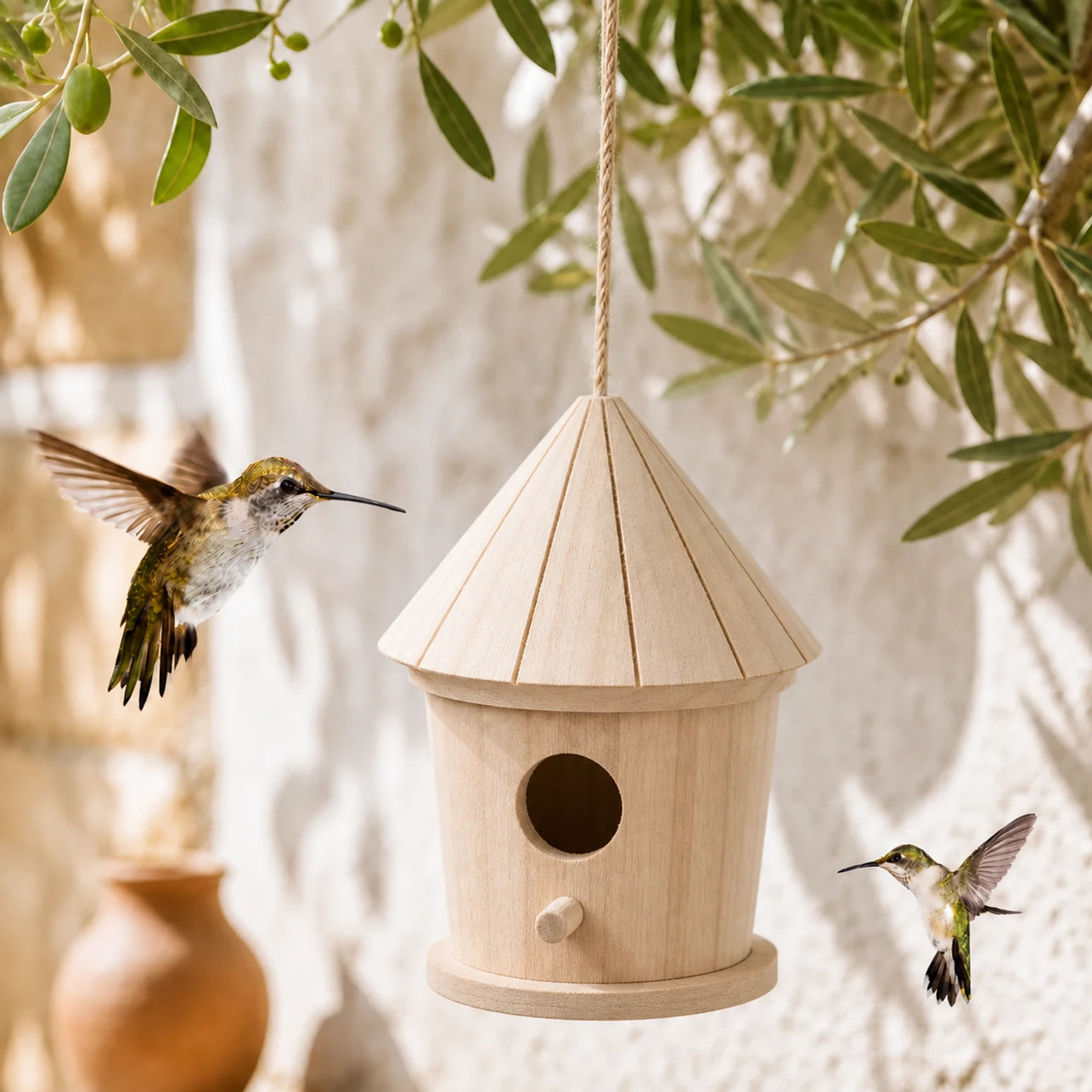 Birdhouse cylindrical in wood with roof faceted