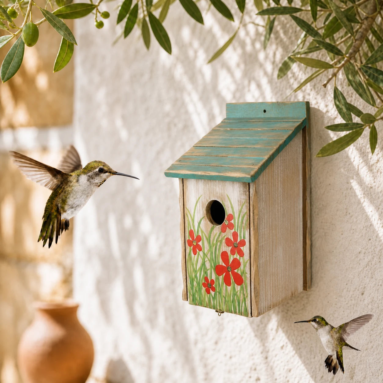 Birdhouse painted with flowers