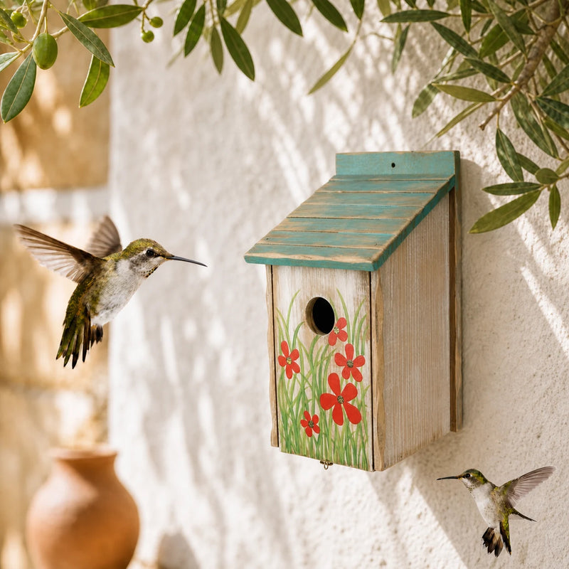Birdhouse painted with flowers