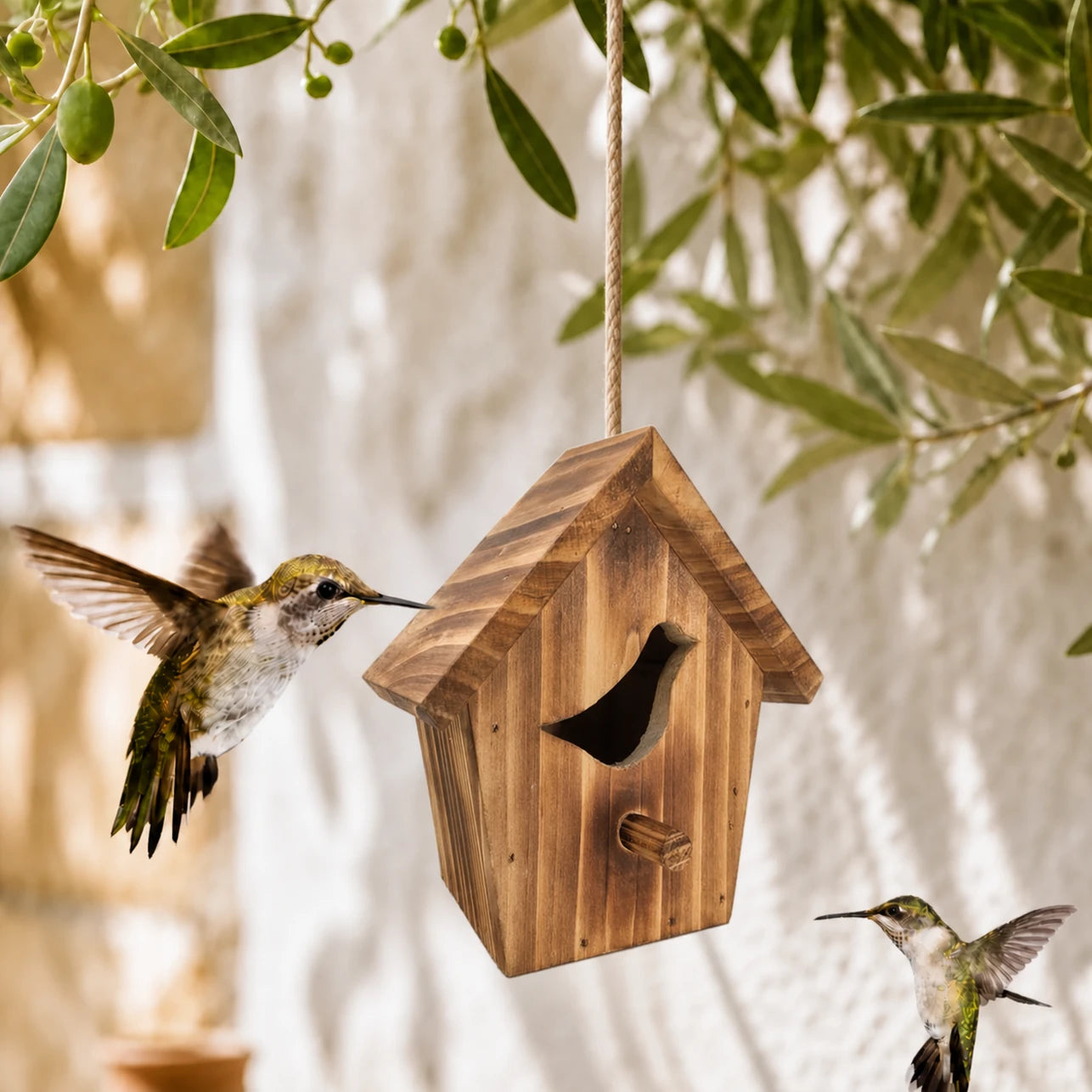 Birdhouse in burnt wood with entrance wide