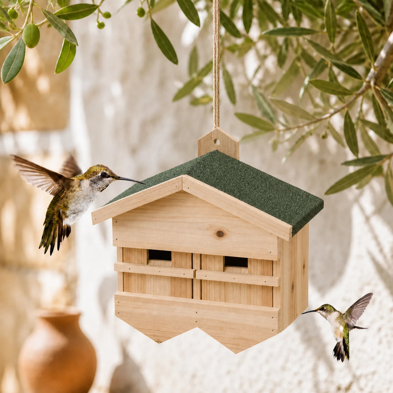 Birdhouse in pine brown size 33 × 30 × 21 cm