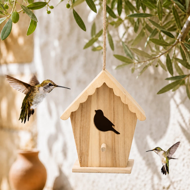 Birdhouse in wood with front cut-out and roof corrugated