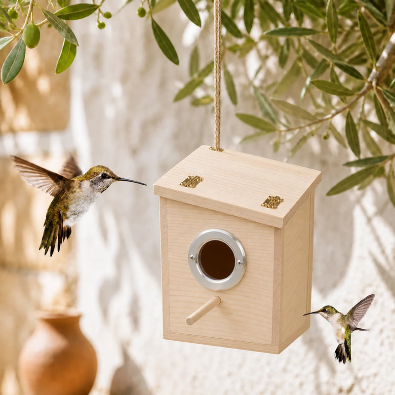 Birdhouse square in wood with rim metal size 12 × 12 × 19,5 cm