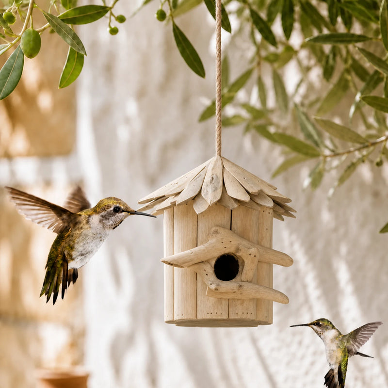 Birdhouse hanging in wood beige size 23 × 22 cm