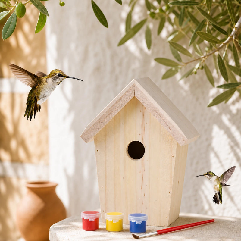 Birdhouse in wood blue / yellow