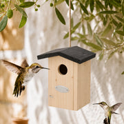 Birdhouse in wood light with roof black and panel front
