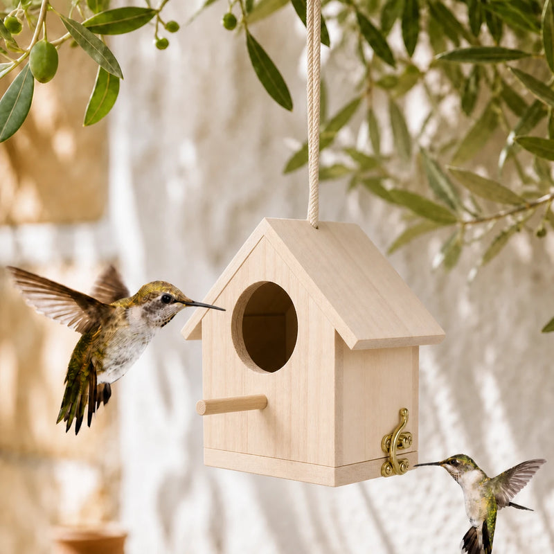 Birdhouse hanging in wood light with front engraved