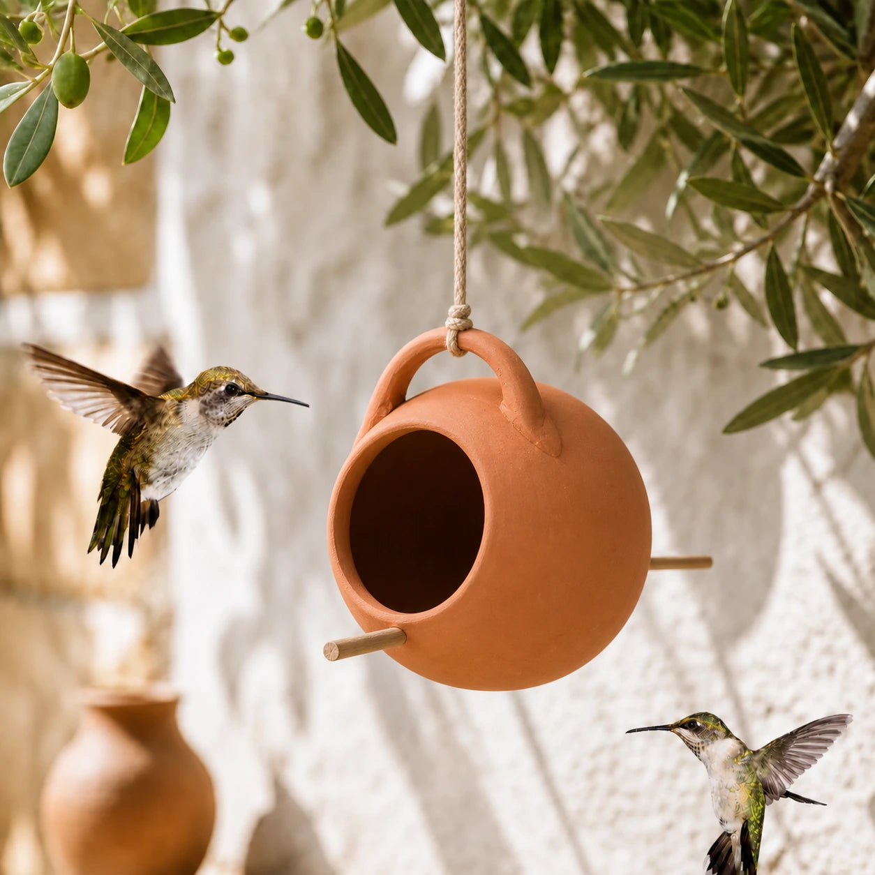 Birdhouse-pot hanging in terracotta with wide entrance