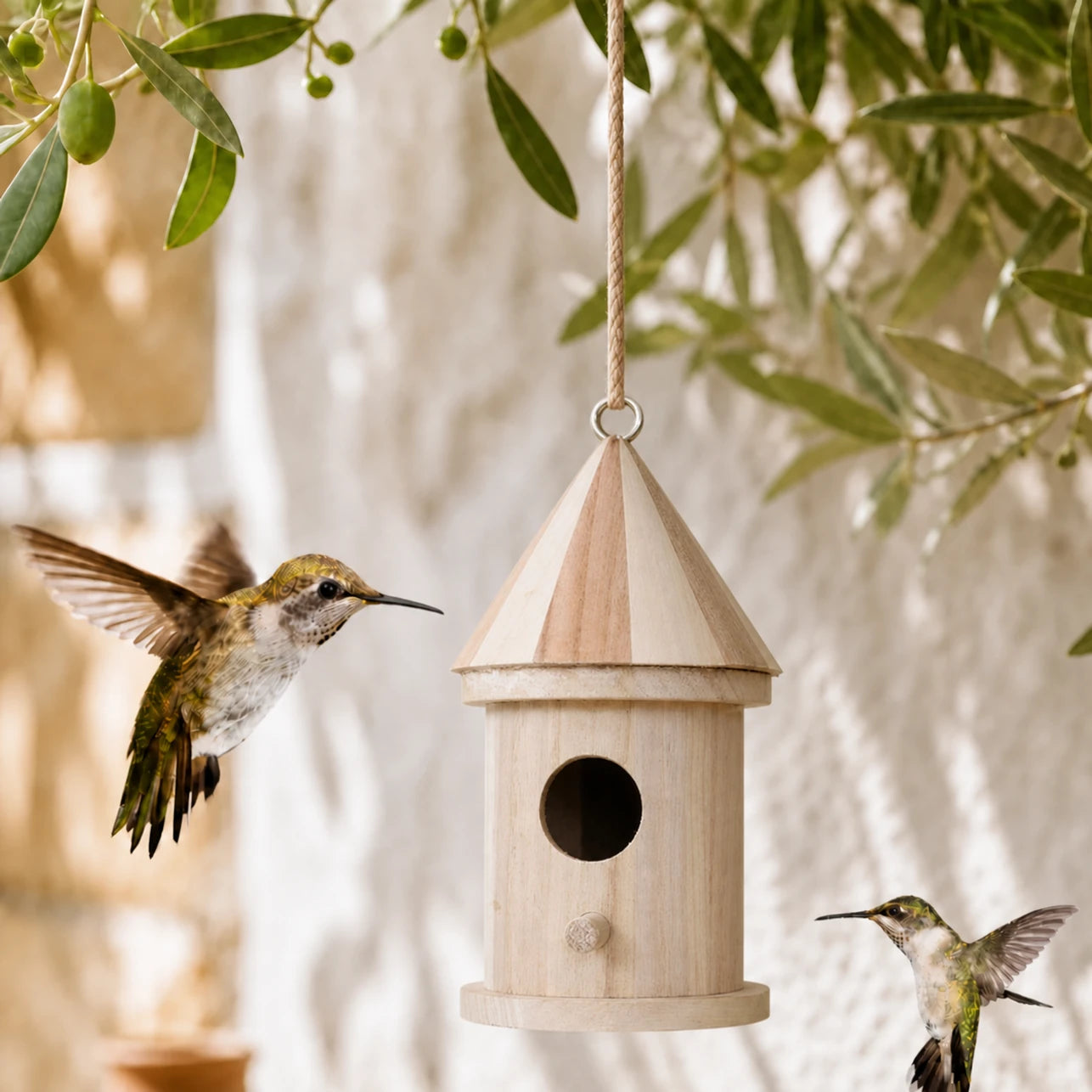 Birdhouse cylindrical in wood with roof pointed