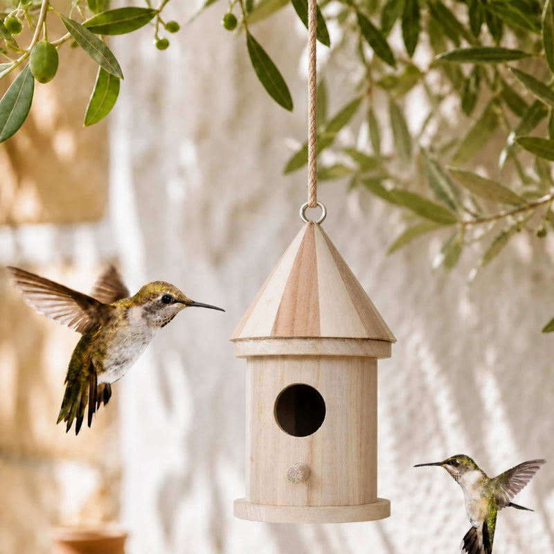 Birdhouse cylindrical in wood with roof pointed