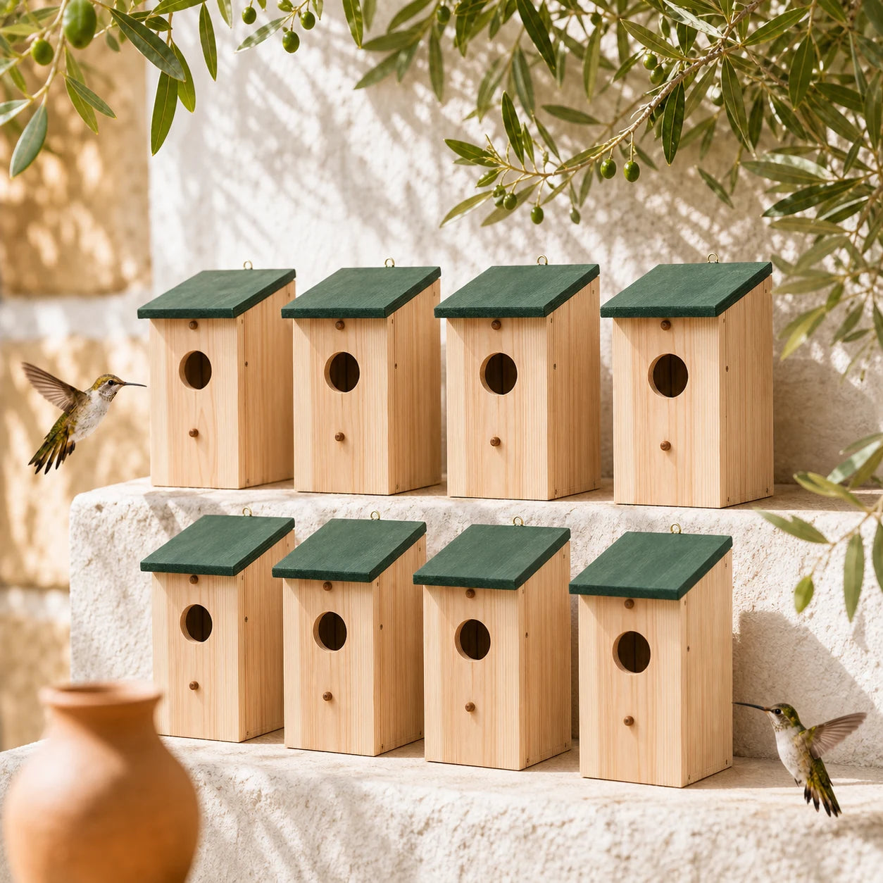 Set of 8 birdhouses in pine wood