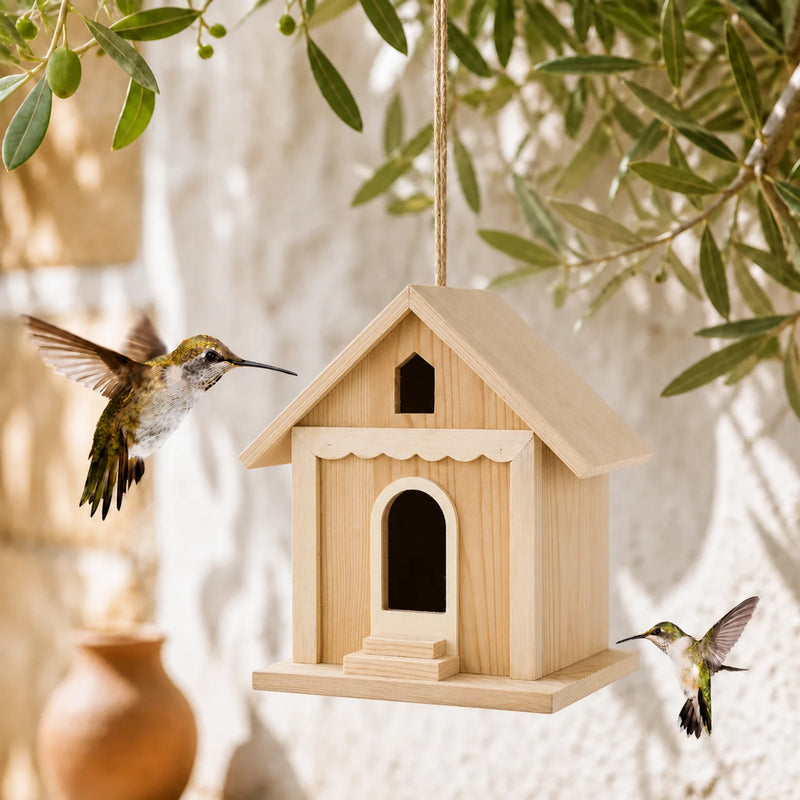 Birdhouse in wood with entrance arched and canopy