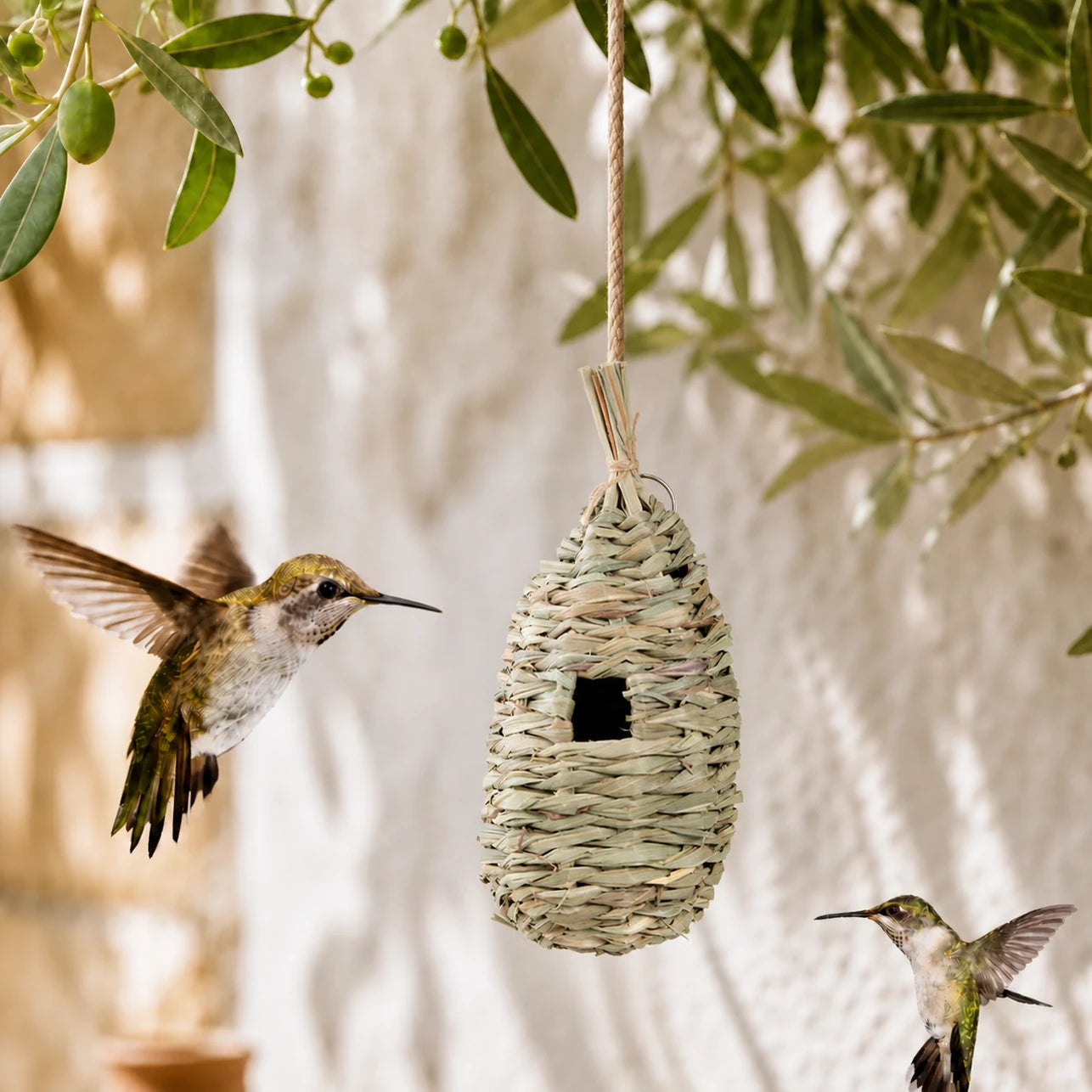 Birdhouse in wood and seagrass blue size 11,8 × 11,8 × 28,8 cm