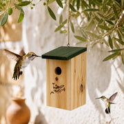 Birdhouse hanging in wood with green roof brown size 12 × 12 × 22 cm