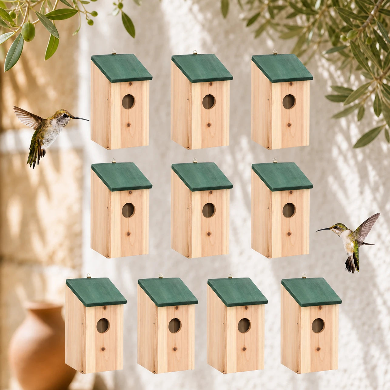 Set of 10 birdhouses in fir green size 12 × 12 × 22 cm