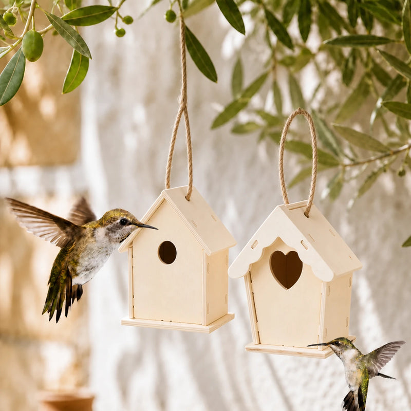 Set of 2 birdhouses hanging in wood with entrances assorted