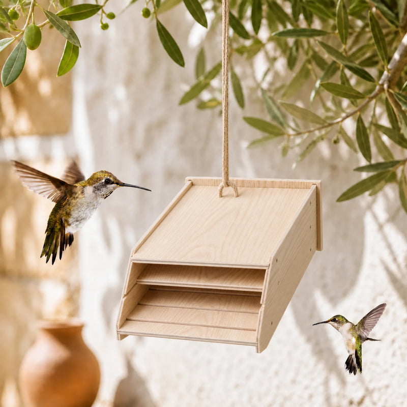 Birdhouse semi-open in wood with canopy sloping