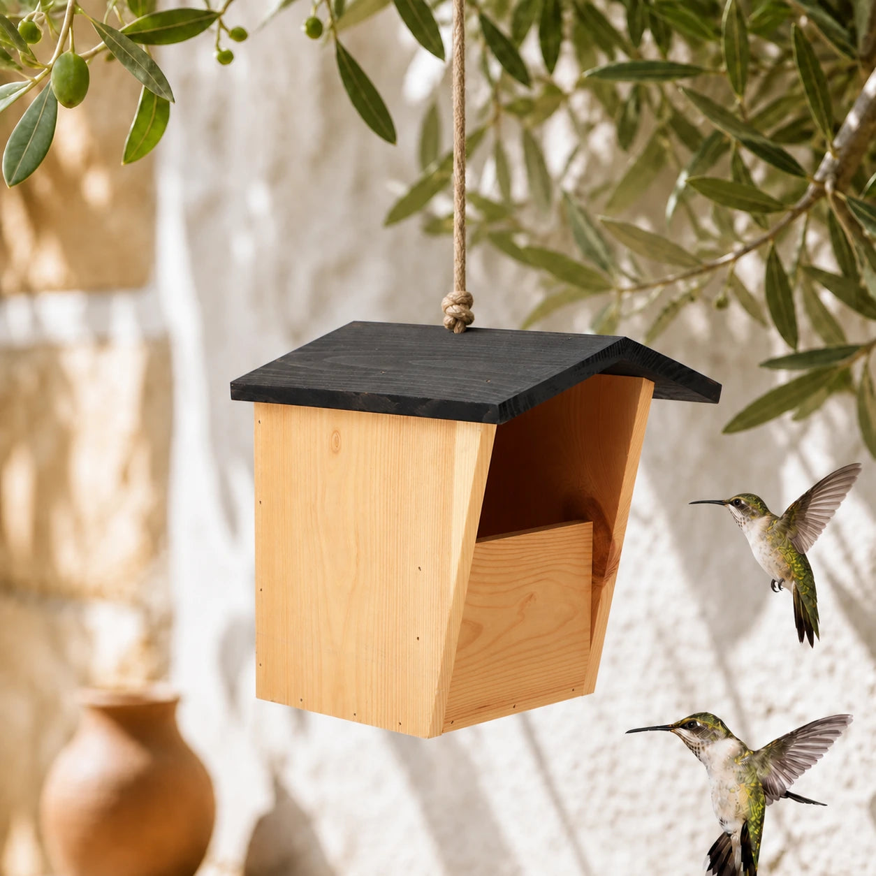 Birdhouse semi-open in wood with roof black