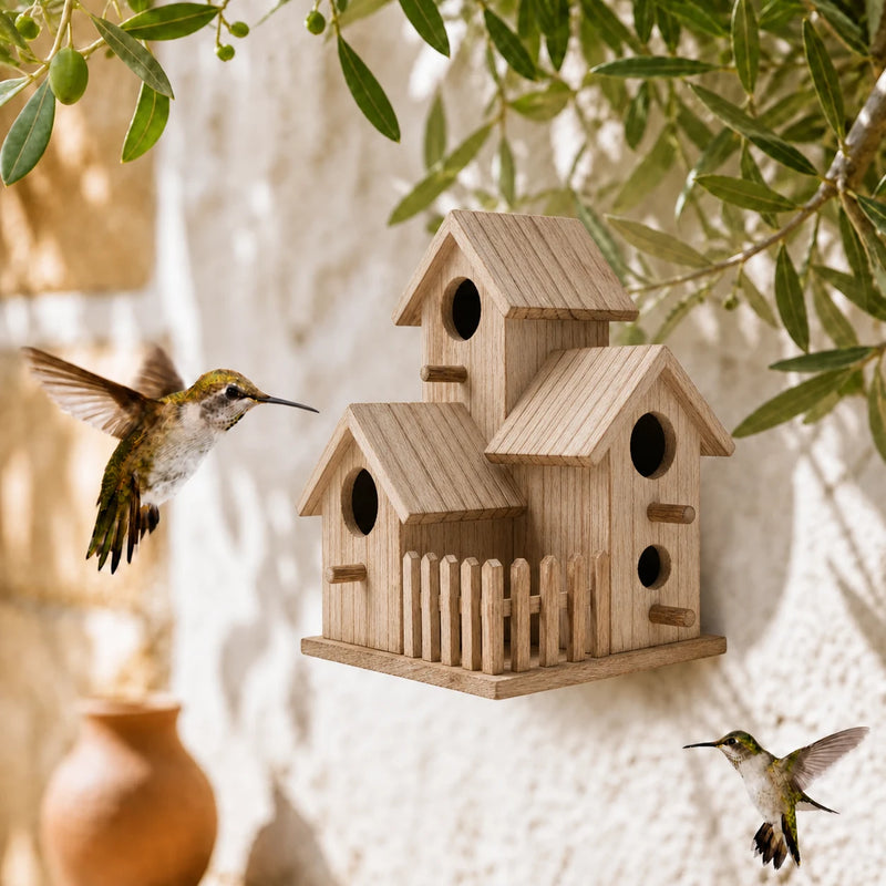 Birdhouse village wall-mounted in wood natural
