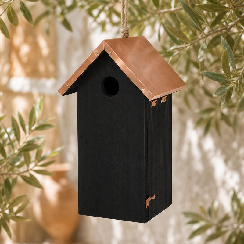 Birdhouse black with roof copper height 30 cm
