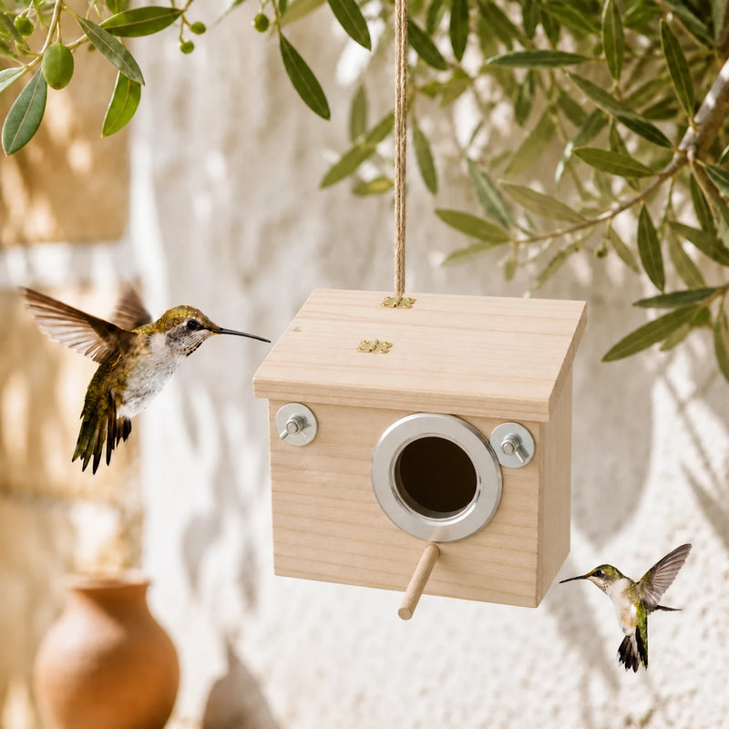 Birdhouse hanging in wood with entrance metal
