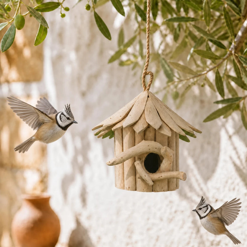 Birdhouse round in wood of albesia 20 x 18 cm
