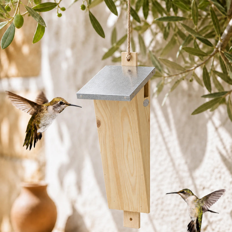 Birdhouse slender in wood with zinc roof
