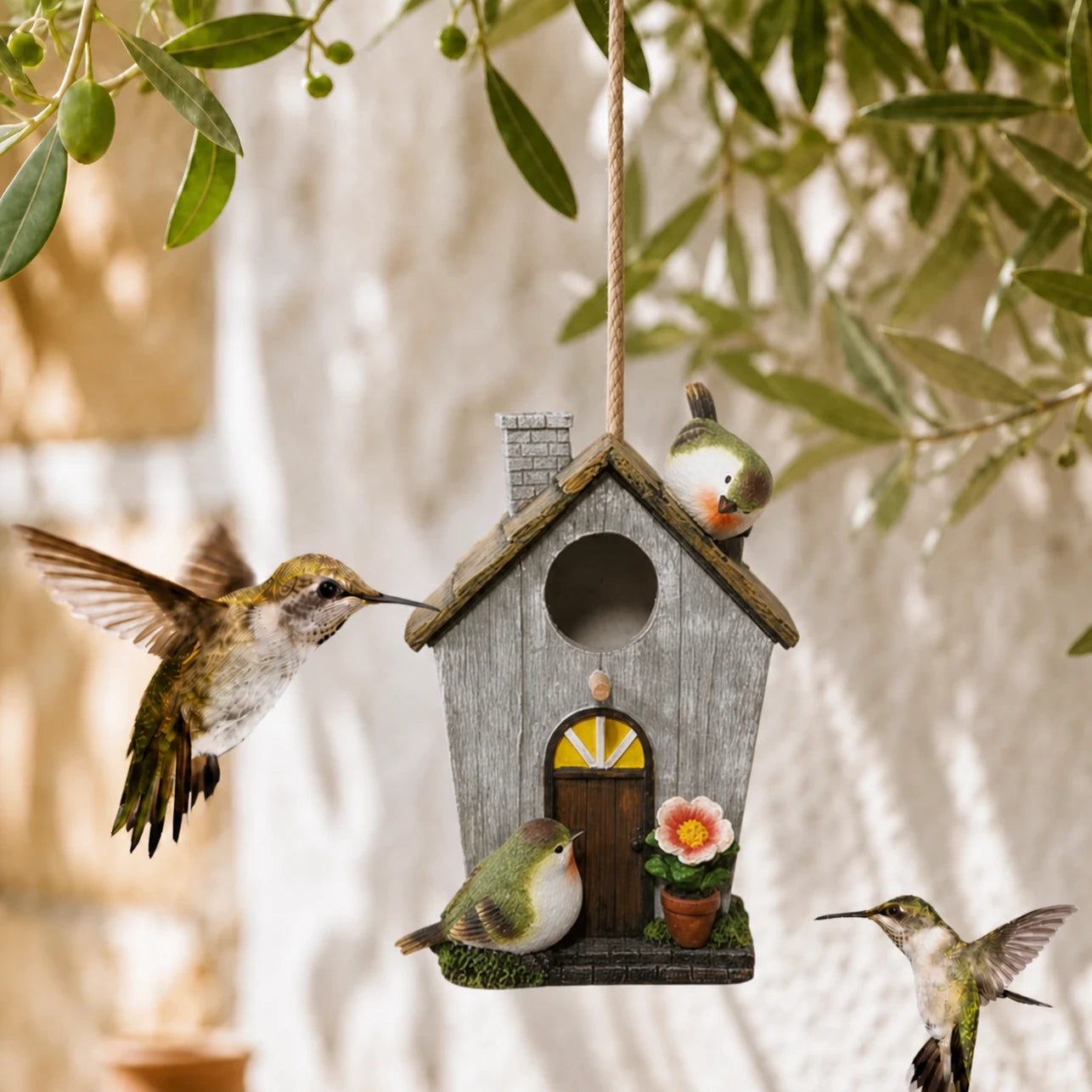 Birdhouse decorative in resin with front floral