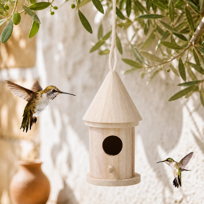 Birdhouse hanging cylindrical in wood with roof conical