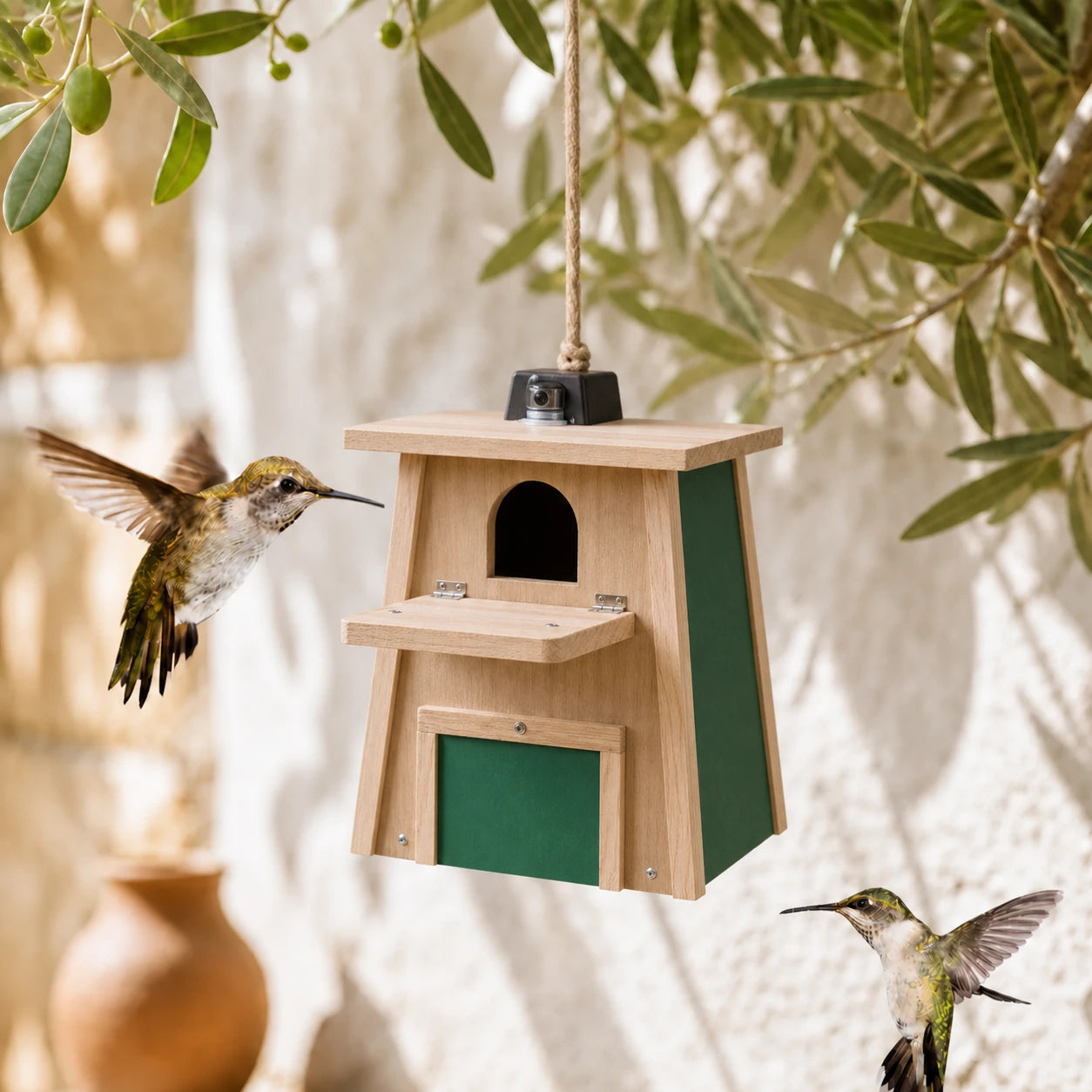 Birdhouse connected with balcony and panels green