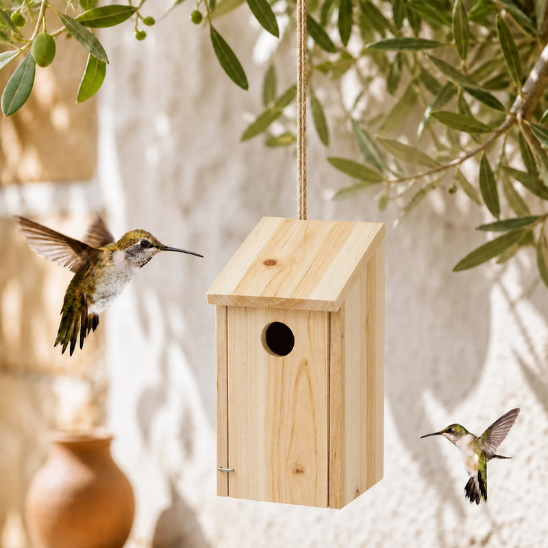 Birdhouse hanging in fir